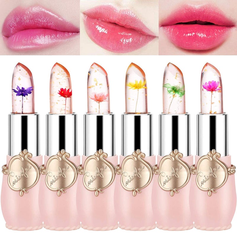firstfly Pack of 6 Crystal Flower Jelly Lipstick, Long Lasting Nutritious Lip Balm Lips Moisturizer Magic Temperature Color Change Lip Gloss (Pink) - Image 2