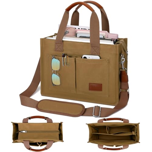 KKXIU Large Canvas Tote Bag for Women with Zipper and Compartments Crossbody Work Bible Messenger Purse Bag With Pockets - Brown - Image 1