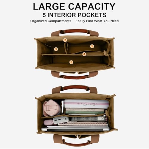 KKXIU Large Canvas Tote Bag for Women with Zipper and Compartments Crossbody Work Bible Messenger Purse Bag With Pockets - Brown - Image 3