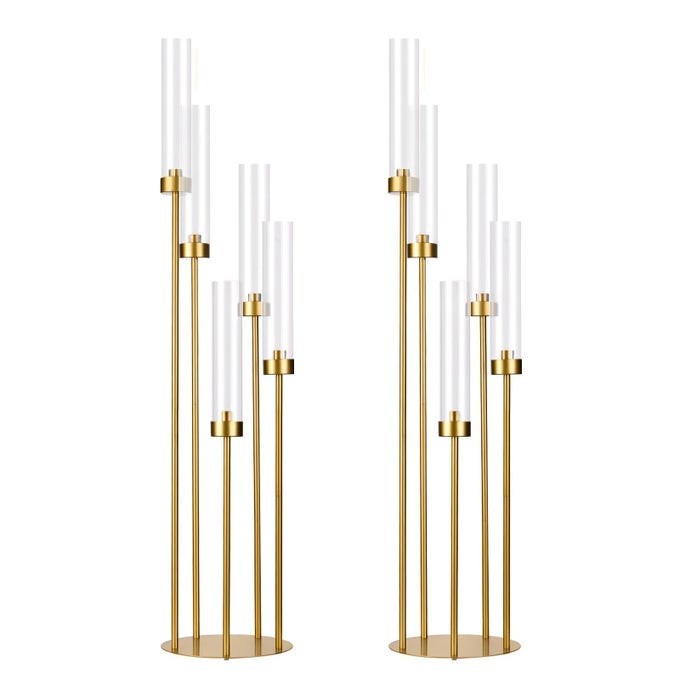2PCS GOLD FLOOR CANDELABRA5 ARM CANDLE HOLDER TALL FLOOR CANDLE HOLDER WITH ACRYLIC LAMPSHADE FOR WEDDING TABLE BIRTHDAY PARTY HOME DECORATION FIT LED TAPER CANDLES
