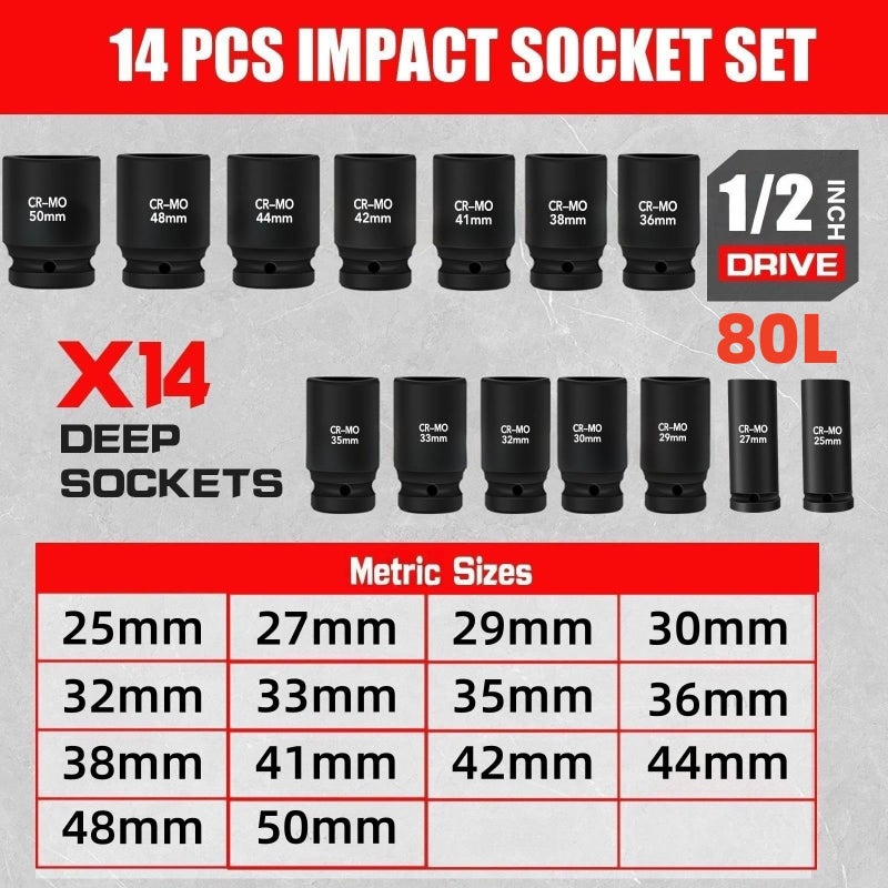 TONYNOL 1/2 Inch Drive Deep Impact Socket Set,6-Point, Metric Sizes(25-50mm),14 PCS,Cr-Mo Steel,Heavy Duty Impact Sockets for Automotive & Industrial Machinery,With a Storage Case - Image 2