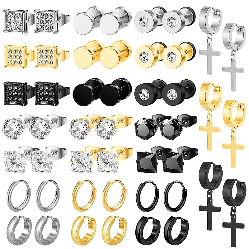 NEWITIN 24 Pairs Stainless Steel Earrings for Men Hypoallergenic Inlaid Cubic Zirconia Studs Hoop Earring Cross Dangle Earrings Unisex Punk Stud Earring for Women Men - Image 1