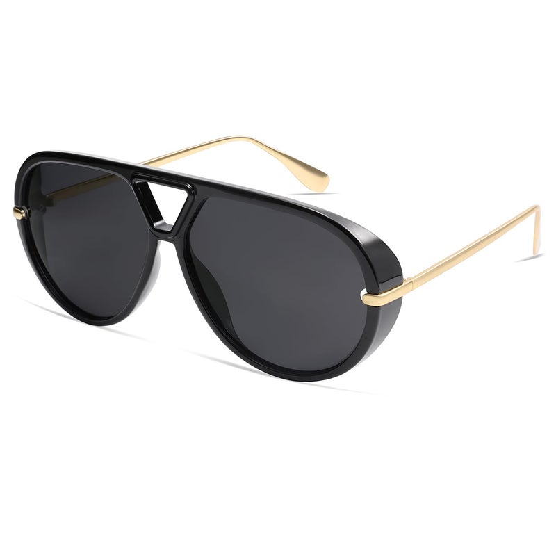 VANLINKER Trendy Polarized Aviator Sunglasses for Women Men Retro Oversized Round Sunglasses Vintage Side Shield Shades VL9798, Black/Grey - Image 3