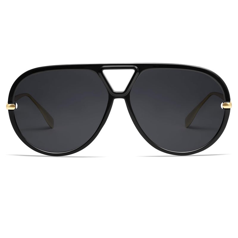 VANLINKER Trendy Polarized Aviator Sunglasses for Women Men Retro Oversized Round Sunglasses Vintage Side Shield Shades VL9798, Black/Grey - Image 1