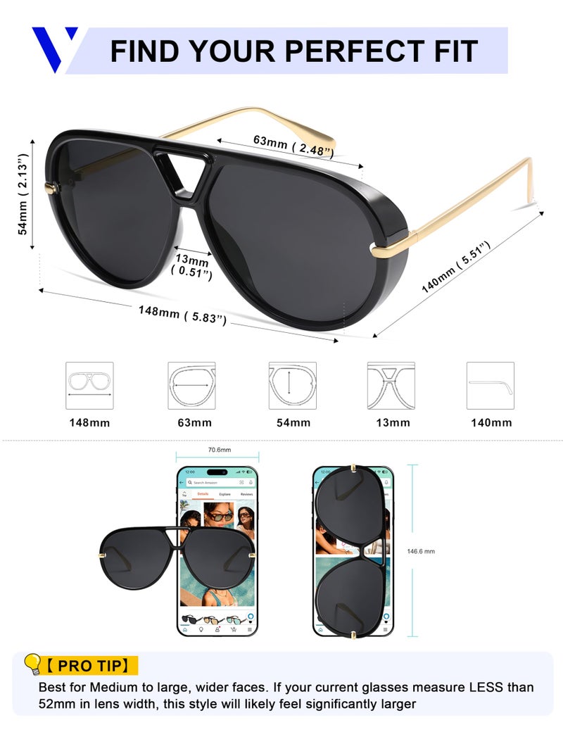 VANLINKER Trendy Polarized Aviator Sunglasses for Women Men Retro Oversized Round Sunglasses Vintage Side Shield Shades VL9798, Black/Grey - Image 5
