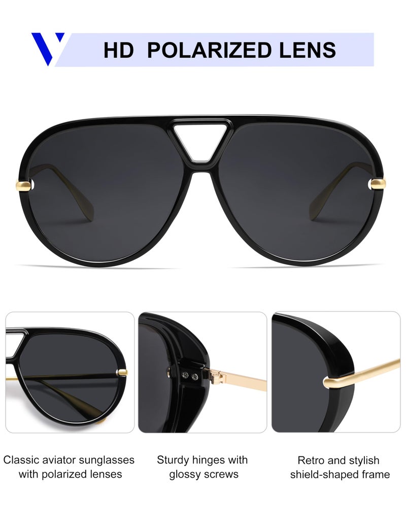 VANLINKER Trendy Polarized Aviator Sunglasses for Women Men Retro Oversized Round Sunglasses Vintage Side Shield Shades VL9798, Black/Grey - Image 4