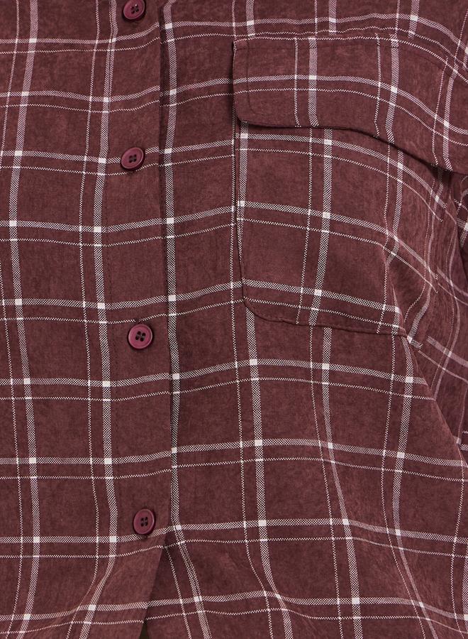 Styli Women Burgundy Checkered Crop Shirt with Drawstring - Image 3
