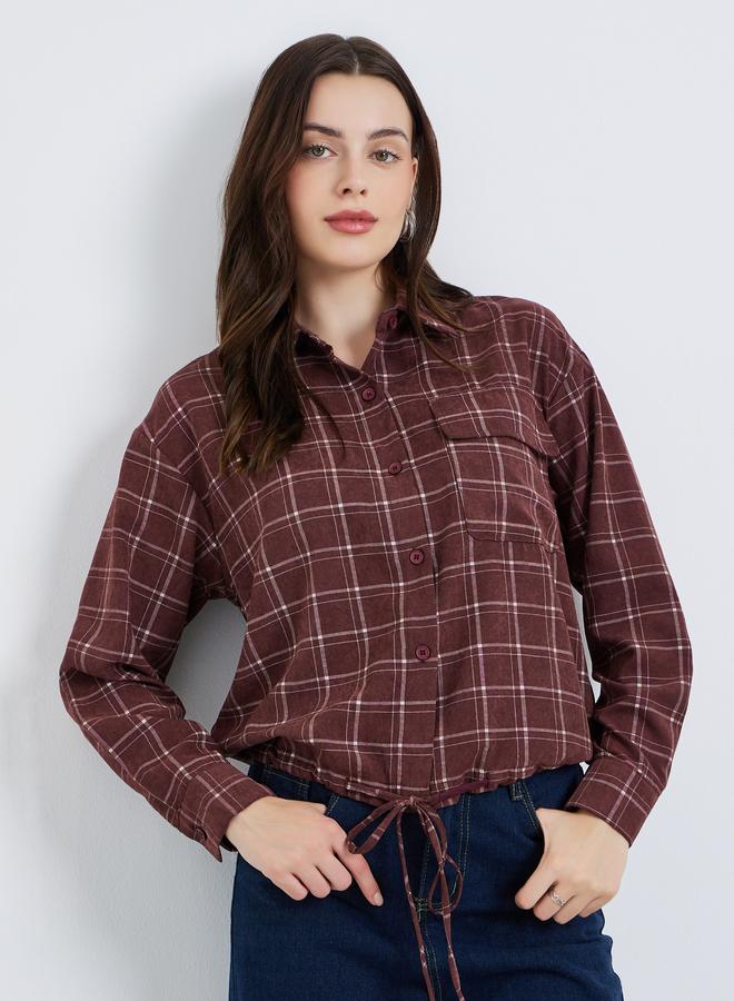 Styli Women Burgundy Checkered Crop Shirt with Drawstring - Image 1