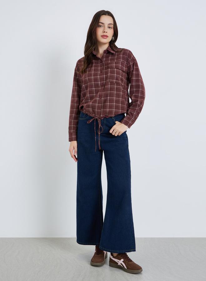 Styli Women Burgundy Checkered Crop Shirt with Drawstring - Image 2
