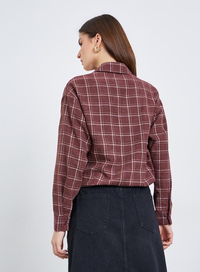 Styli Women Burgundy Checkered Crop Shirt with Drawstring - Image 5