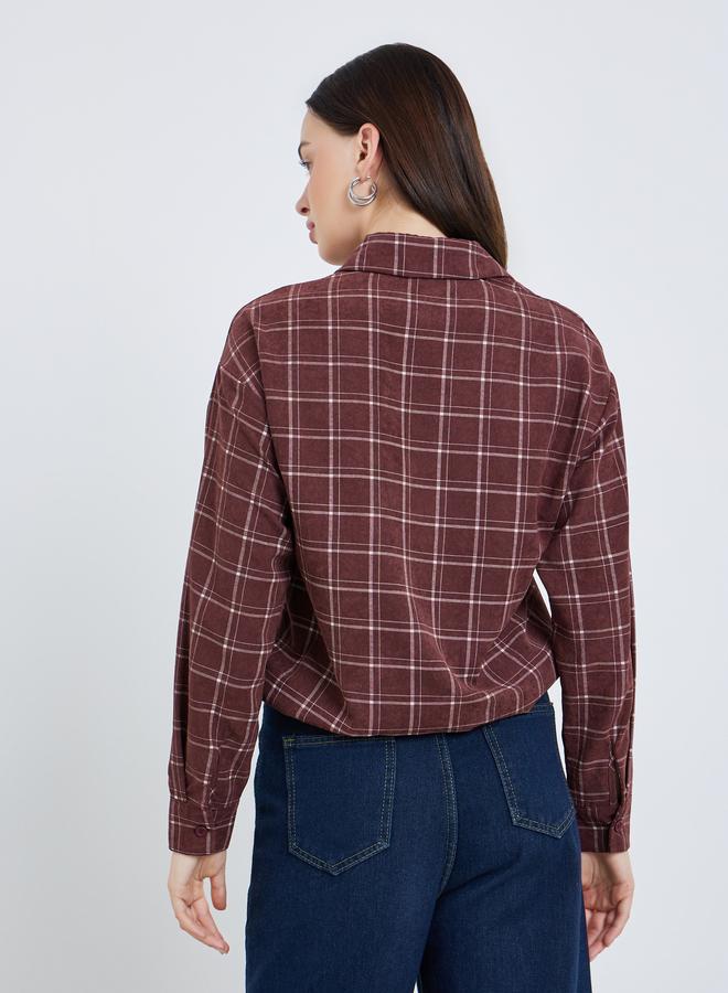 Styli Women Burgundy Checkered Crop Shirt with Drawstring - Image 4