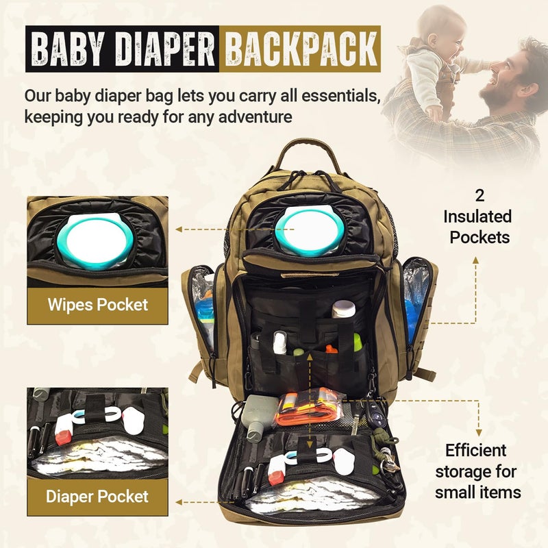HighSpeedDaddy - Original Baby Diaper Backpack, Military-Grade, Waterproof Baby Travel Bag for Dads & Moms, Lay-Flat Design with Stroller Straps, Tablet Sleeve, & Rubber Feet - 32L capacity, Brown - Image 3
