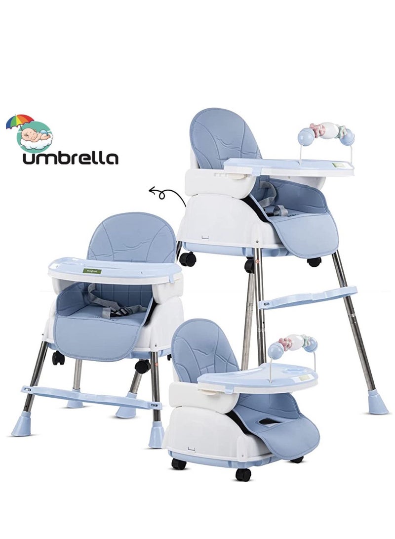 umbrella Umbrella 4 in 1 Convertible High Chair for Kids with Adjustable Height and Footrest, Baby Toddler Feeding Booster Seat with Tray, Wheels, Safety Belt and Cushion For 6 Months to 4 Years (blue)  - Image 1