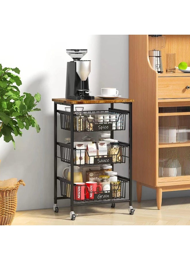 3 Tier Kitchen Cart with Pull-Out Baskets – Rolling Storage Trolley with Rustic Wood Top, Metal Utility Organizer Rack with Wheels for Kitchen, Bathroom, Living Room