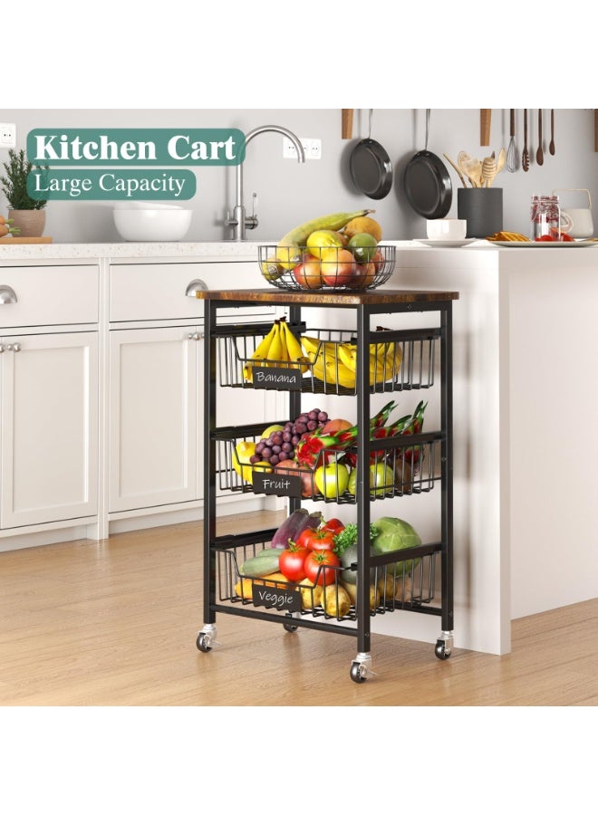 Solerconm 3 Tier Kitchen Cart with Pull-Out Baskets – Rolling Storage Trolley with Rustic Wood Top, Metal Utility Organizer Rack with Wheels for Kitchen, Bathroom, Living Room - Image 2