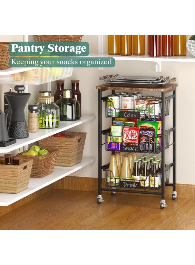 Solerconm 3 Tier Kitchen Cart with Pull-Out Baskets – Rolling Storage Trolley with Rustic Wood Top, Metal Utility Organizer Rack with Wheels for Kitchen, Bathroom, Living Room - Image 3