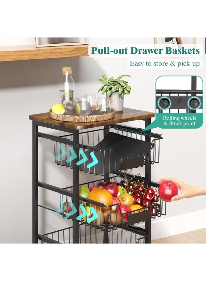 Solerconm 3 Tier Kitchen Cart with Pull-Out Baskets – Rolling Storage Trolley with Rustic Wood Top, Metal Utility Organizer Rack with Wheels for Kitchen, Bathroom, Living Room - Image 4