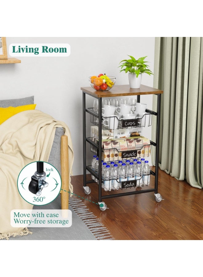 Solerconm 3 Tier Kitchen Cart with Pull-Out Baskets – Rolling Storage Trolley with Rustic Wood Top, Metal Utility Organizer Rack with Wheels for Kitchen, Bathroom, Living Room - Image 5