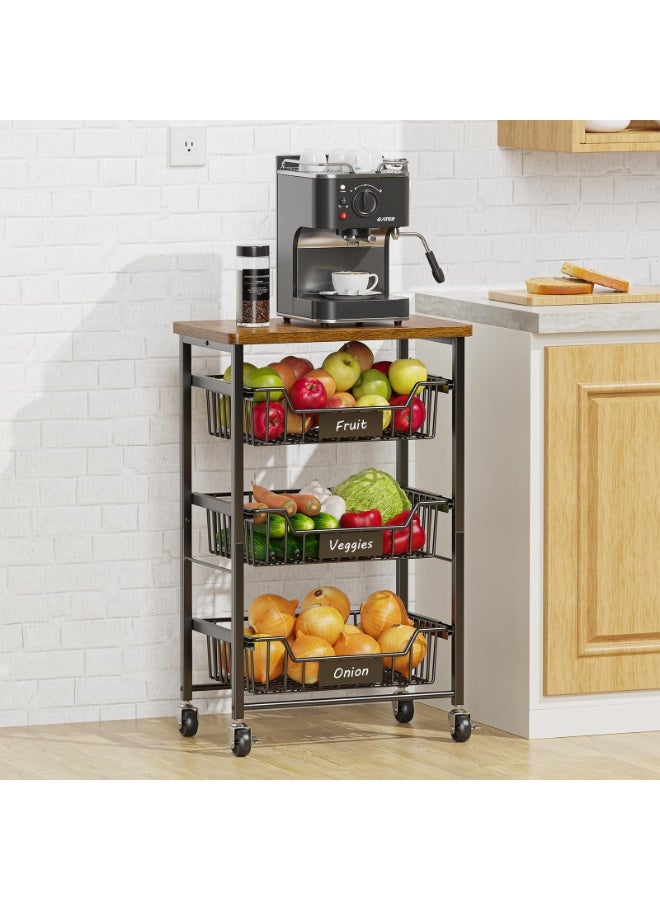 Solerconm 3 Tier Kitchen Cart with Pull-Out Baskets – Rolling Storage Trolley with Rustic Wood Top, Metal Utility Organizer Rack with Wheels for Kitchen, Bathroom, Living Room - Image 1