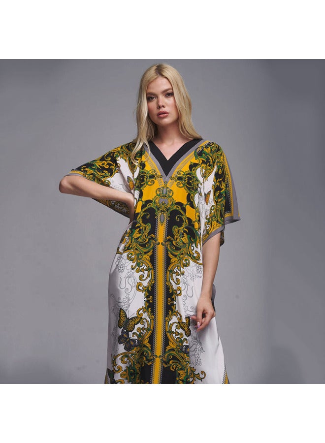 2023 European And American High-end Polyester Printed Beach Blouse Long Gown Dress Sun-protective Shirt Bikini Blouse-Color:DN0947-4 White Yellow-  - Image 1