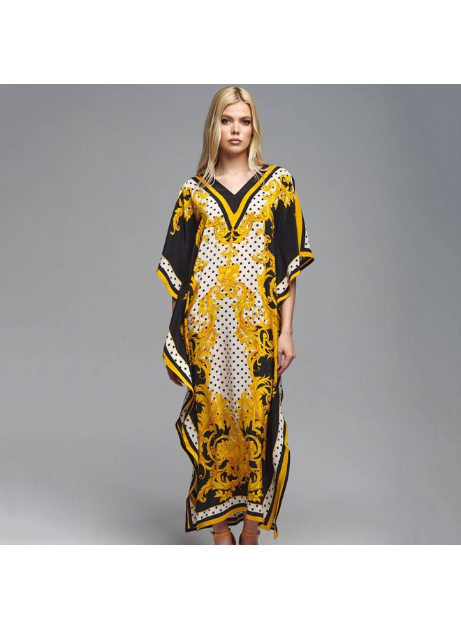 2023 European And American High-end Polyester Printed Beach Blouse Long Gown Dress Sun-protective Shirt Bikini Blouse-Color:DN0947-4 White Yellow-  - Image 4