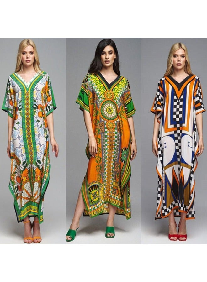 2023 European And American High-end Polyester Printed Beach Blouse Long Gown Dress Sun-protective Shirt Bikini Blouse-Color:DN0947-4 White Yellow-  - Image 2
