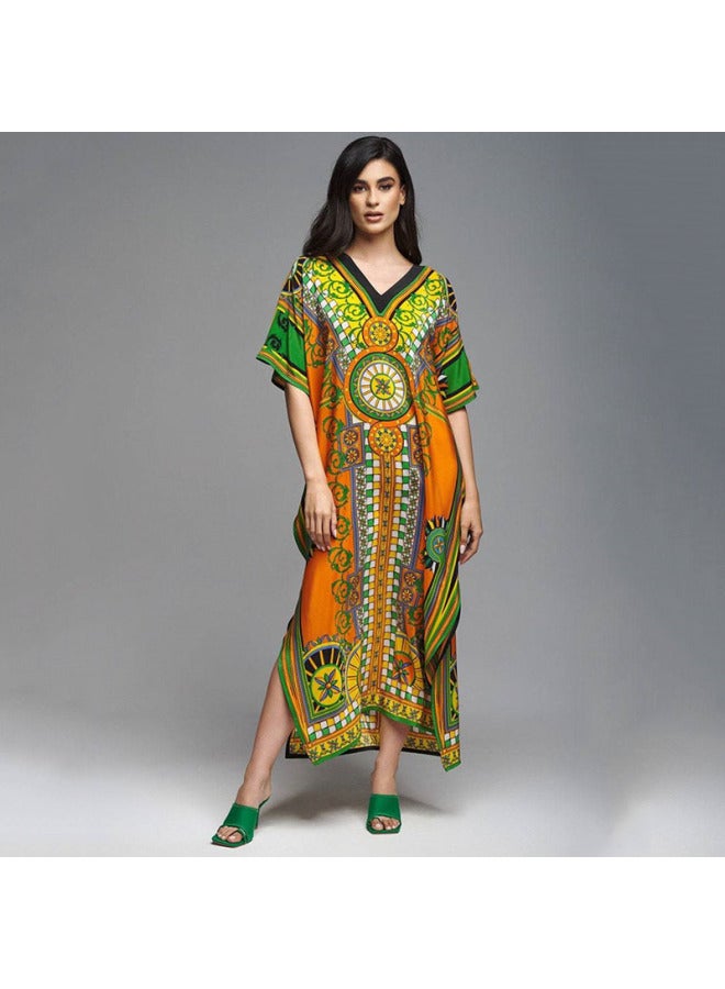 2023 European And American High-end Polyester Printed Beach Blouse Long Gown Dress Sun-protective Shirt Bikini Blouse-Color:DN0947-4 White Yellow-  - Image 3