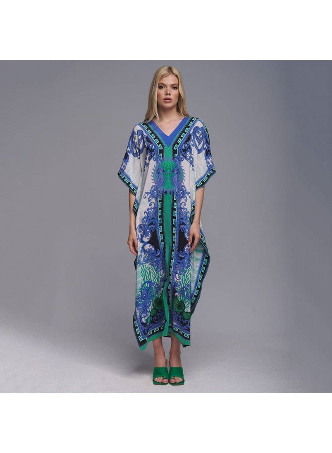 2023 European And American High-end Polyester Printed Beach Blouse Long Gown Dress Sun-protective Shirt Bikini Blouse-Color:DN0947-4 White Yellow-  - Image 5