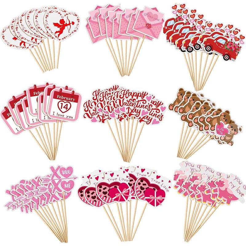 SANNIX 72Pcs Valentines Day Cupcake Toppers Decorations Happy Valentines Day Cupcake Topper Pink Red Valentine Picks for Valentine's Day Wedding Engagement Party Decorations(9 Design) - Image 1