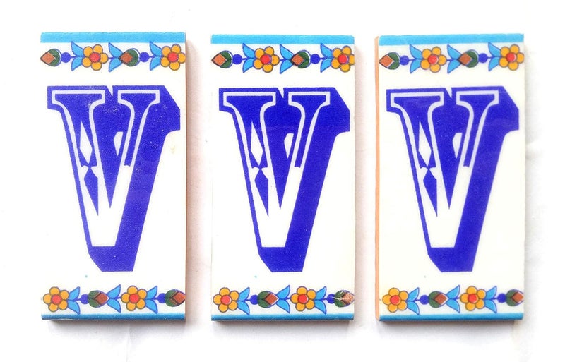 Shiv Kripa Blue Pottery Shiv Kripa Blue Pottery Decor Wall Ceramic V Alphabets Tiles Handmade Wall Tiles 2 x 4 Inch Set of 3 Tiles Multi Color 