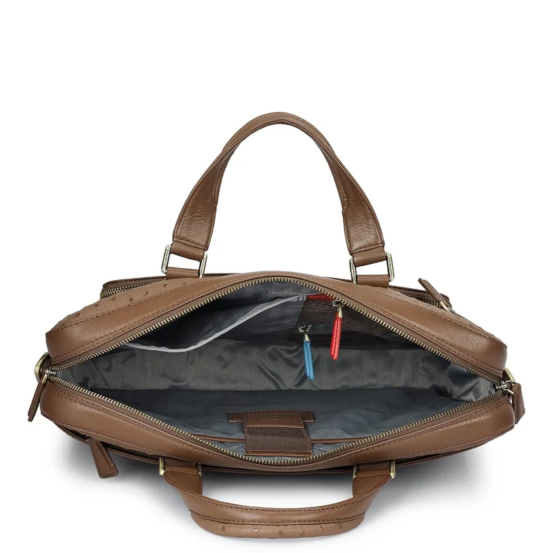 Da Milano Mocha Ostrich Leather Laptop Bag - Mocha  | Best Price UAE