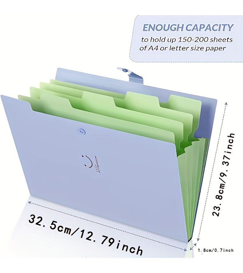 Sky Blue 5 Pocket Accordion Folder A4 Organizer with Snap Seal for Office School - Image 2