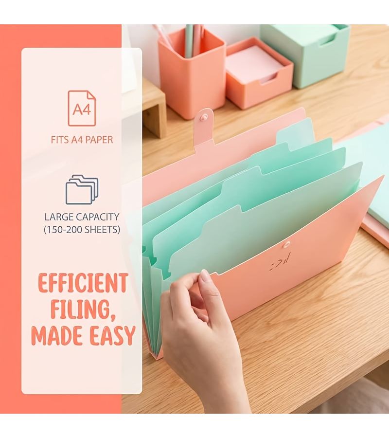 Sky Blue 5 Pocket Accordion Folder A4 Organizer with Snap Seal for Office School - Image 5