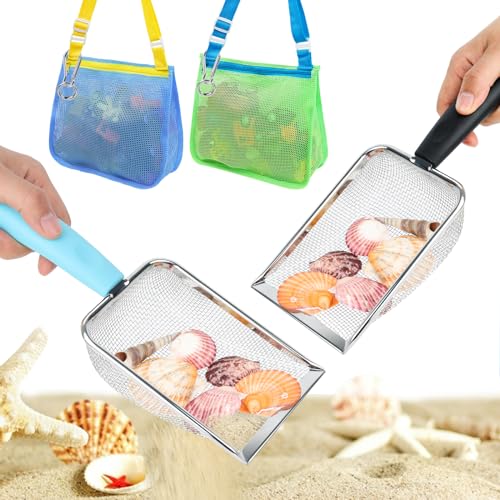 3 otters 2Pack Beach Mesh Shovel with Mesh Beach Bag for Shell Collecting, Sand Sifters Shell Collect Bag for Kids, Great Shelling Tools - Image 1