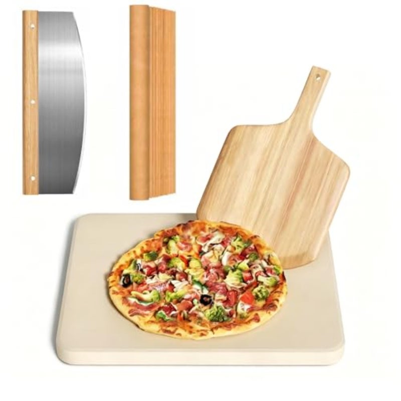 4PCS Rectangle Pizza Stone Set for Oven and Grill, 38Cm Pizza Stone with Pizza Peel, Pizza Cutter, Cooking Paper, Baking Stone for Bread BBQ Pizza - Image 1