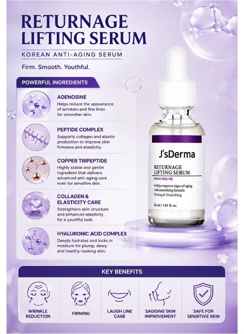 J'sDerma Korean Anti-Aging Face Serum for Wrinkles, Sagging Skin & Laugh Lines With Adenosine, Collagen peptide, Copper Tripeptide & Peptide Complex for Firming & Elasticity Care Sensitive Skin Returnage Lifting Serum -50ml