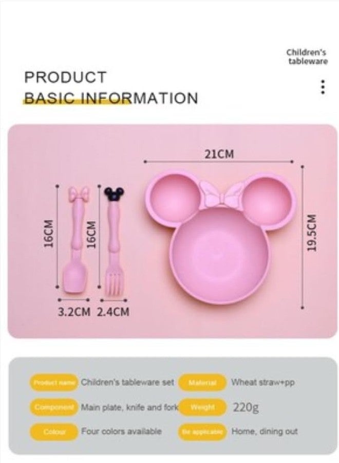 Gugzy Cute Cartoon Theme Eco-Friendly Wheat Straw Natural Bamboo Fibre Dinner Set for Kids, Toddlers & Babies 1 Plate, 1 Spoon and 1 Fork | Mickie Plate Set (Pink) - Image 5