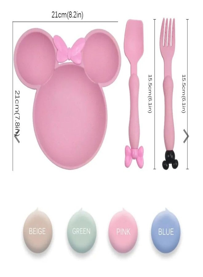 Gugzy Cute Cartoon Theme Eco-Friendly Wheat Straw Natural Bamboo Fibre Dinner Set for Kids, Toddlers & Babies 1 Plate, 1 Spoon and 1 Fork | Mickie Plate Set (Pink) - Image 3