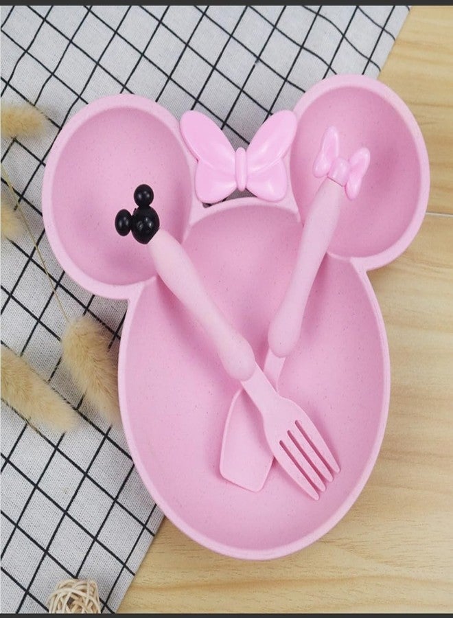 Gugzy Cute Cartoon Theme Eco-Friendly Wheat Straw Natural Bamboo Fibre Dinner Set for Kids, Toddlers & Babies 1 Plate, 1 Spoon and 1 Fork | Mickie Plate Set (Pink) - Image 2