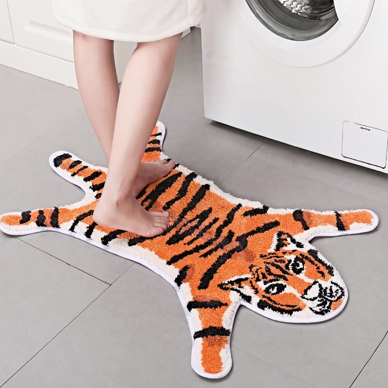 Seek4comfortable Tiger Shaped Bath Mat for Bathroom Non Slip Bathroom Door Mat Area Rug Playroom Bedroom Bathroom Rugs and Mats Floor Playmat Absorption Shower Rug Carpet (Orange - Image 2