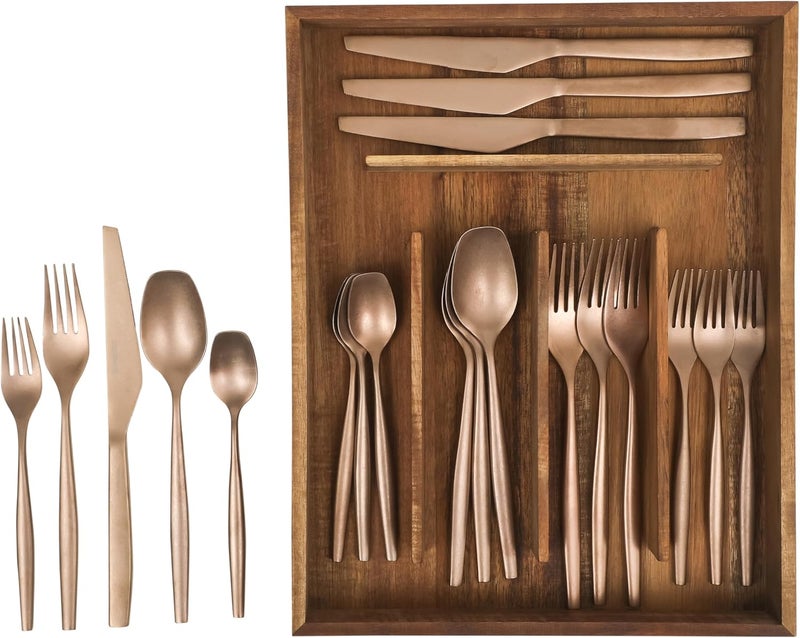 Bloomhouse 20 Piece Stone Washed Rose Gold Flatware 1810 Stainless Steel Silverware Cutlery Utensil Set With Acacia Wood Caddy  Service for 4 - Image 1