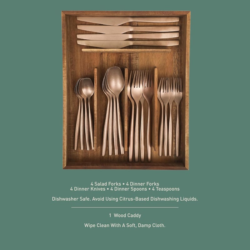 Bloomhouse 20 Piece Stone Washed Rose Gold Flatware 1810 Stainless Steel Silverware Cutlery Utensil Set With Acacia Wood Caddy  Service for 4 - Image 3