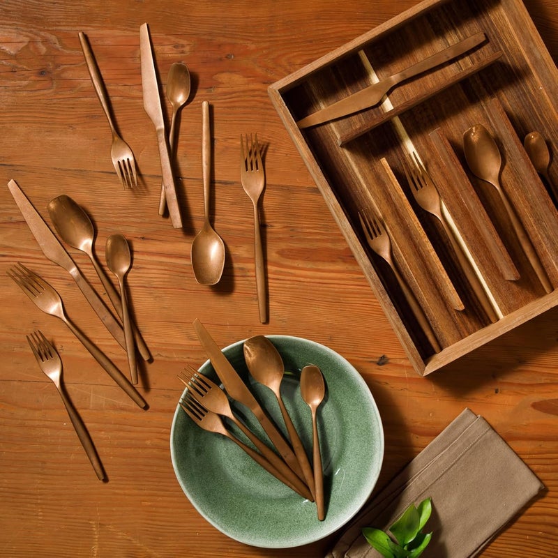 Bloomhouse 20 Piece Stone Washed Rose Gold Flatware 1810 Stainless Steel Silverware Cutlery Utensil Set With Acacia Wood Caddy  Service for 4 - Image 5
