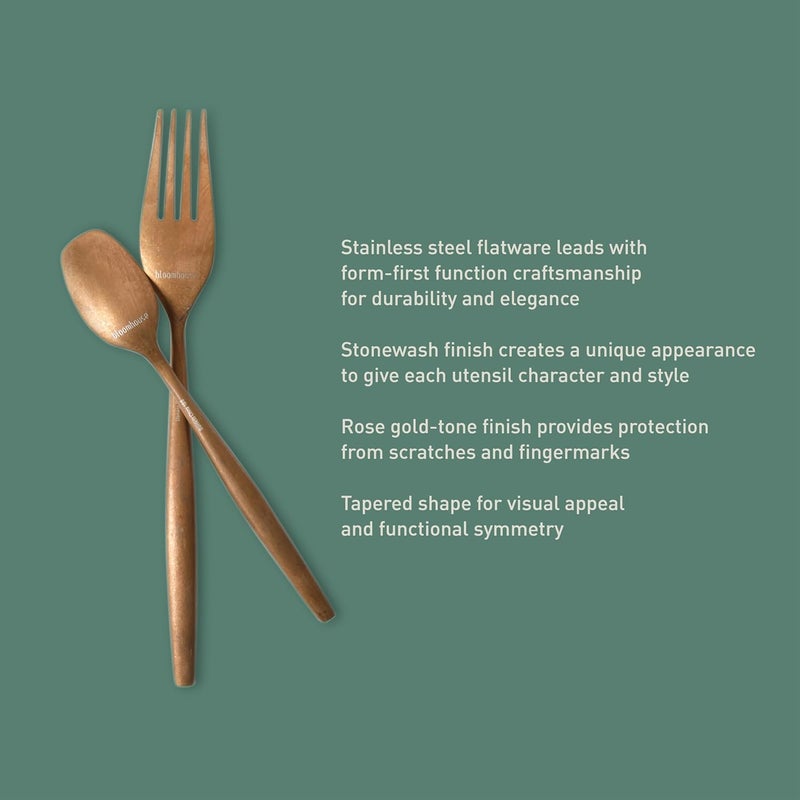 Bloomhouse 20 Piece Stone Washed Rose Gold Flatware 1810 Stainless Steel Silverware Cutlery Utensil Set With Acacia Wood Caddy  Service for 4 - Image 4