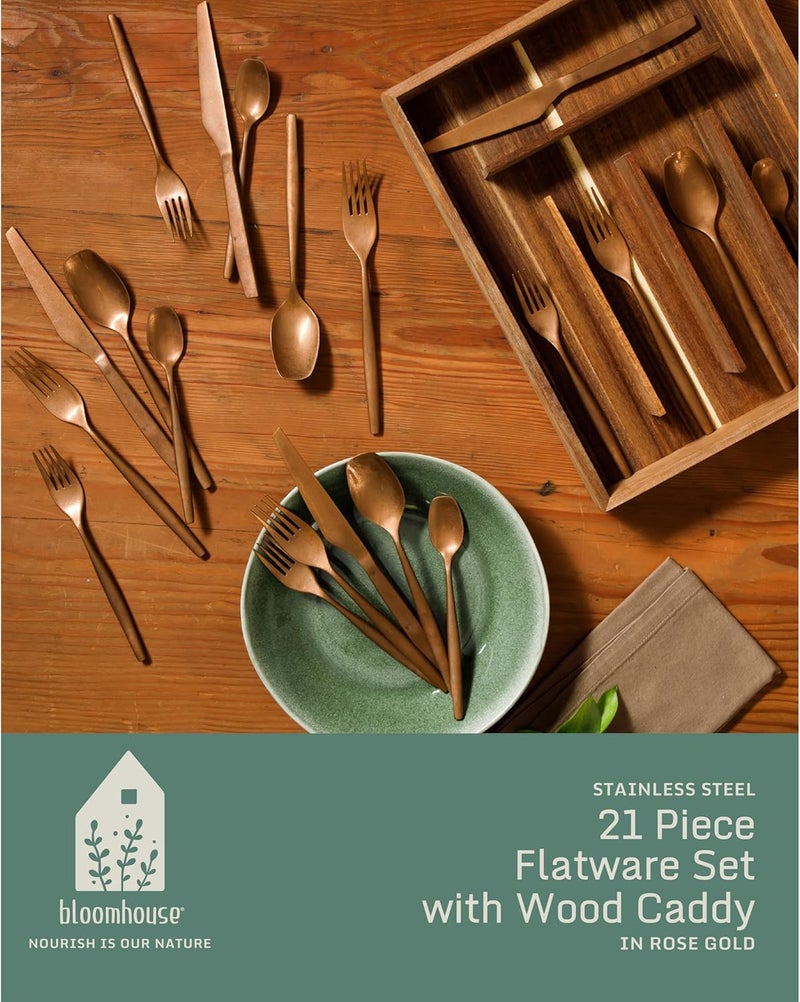 Bloomhouse 20 Piece Stone Washed Rose Gold Flatware 1810 Stainless Steel Silverware Cutlery Utensil Set With Acacia Wood Caddy  Service for 4 - Image 2