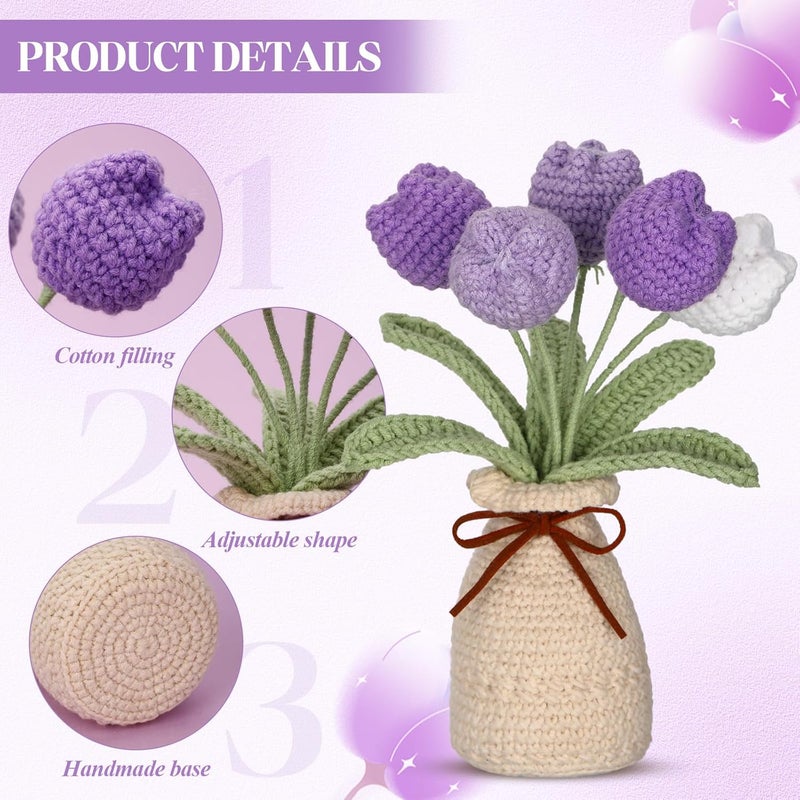 Marsui Crochet Knitting Tulip Bouquet with Vase 7" Knitted Artificial Forever Tulip Handmade Woven Flower with Exquisite Pot Gift for Valentine's Day Back to School Gift Family Home Desk Decor(Purple) - Image 3