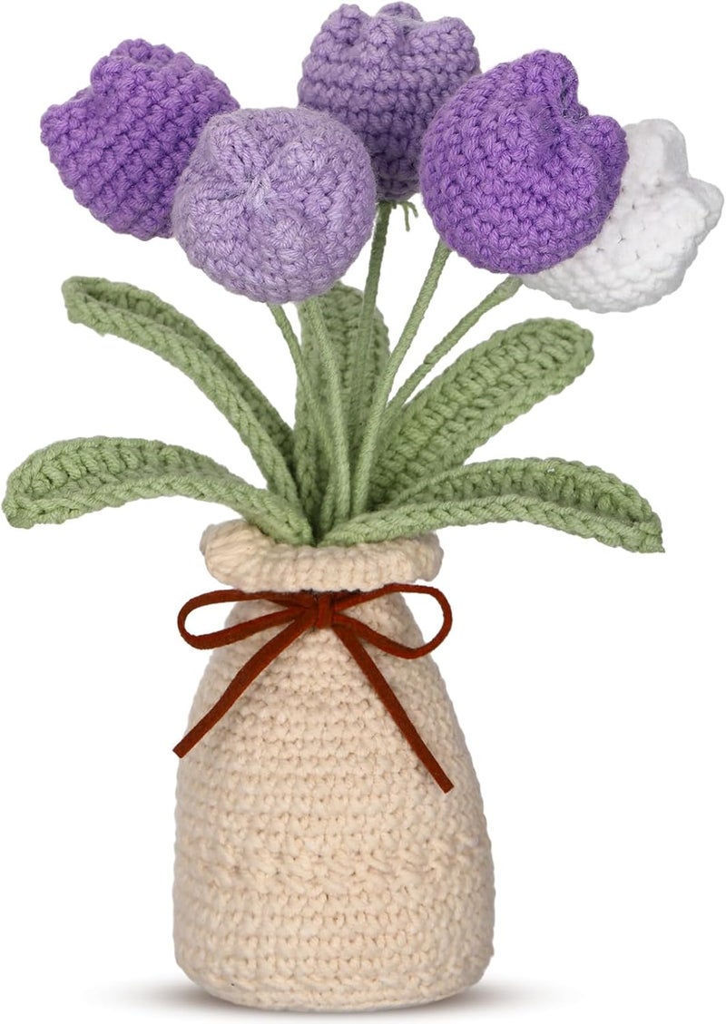 Marsui Crochet Knitting Tulip Bouquet with Vase 7" Knitted Artificial Forever Tulip Handmade Woven Flower with Exquisite Pot Gift for Valentine's Day Back to School Gift Family Home Desk Decor(Purple) - Image 1