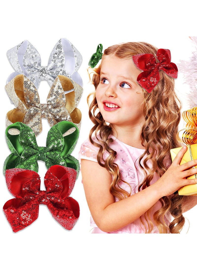 BASEMMAHER Christmas Hair Bows Clips Red Green Glitter Sequins Ribbon Hairpin Gold Silver Bow Hair Barrettes Alligator Clips Hair Accessories for Girls Women Xmas Birthday Party Headwear 4Pcs 