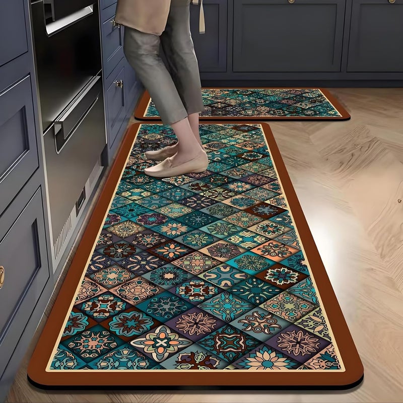 Xlot Kitchen Mats for Floor 2Pcs, Washable Anti Fatigue Mat for Cushioned, 15.7"x23.6"+15.7"x47.2", Waterproof Kitchen Rugs, Non Slip Comfort Standing Mat Rug for Home, Sink, Laundry (boho series 02) - Image 1