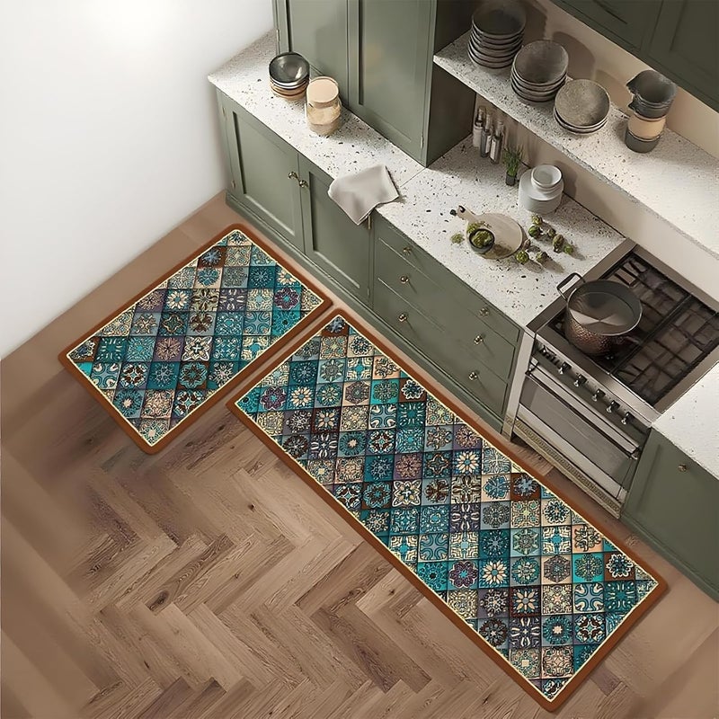 Xlot Kitchen Mats for Floor 2Pcs, Washable Anti Fatigue Mat for Cushioned, 15.7"x23.6"+15.7"x47.2", Waterproof Kitchen Rugs, Non Slip Comfort Standing Mat Rug for Home, Sink, Laundry (boho series 02) - Image 2